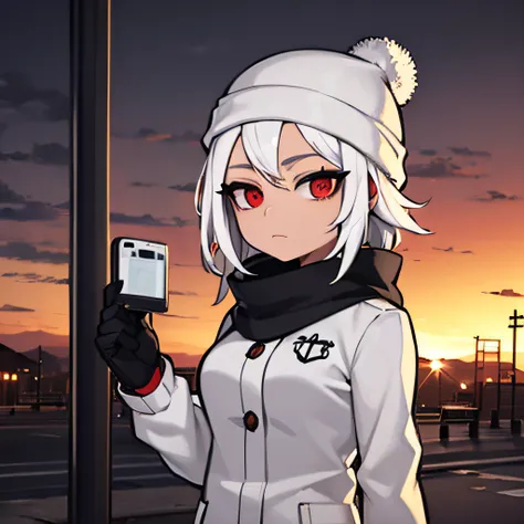 (((masterpiece, best-quality))), ((1 light skin woman)), solo female, (red eyes), (white hair), gas station background, short hair, (sunset), winter clothes, raining, distraced photo, smartphone on hands, (cute black beanie :1.3)