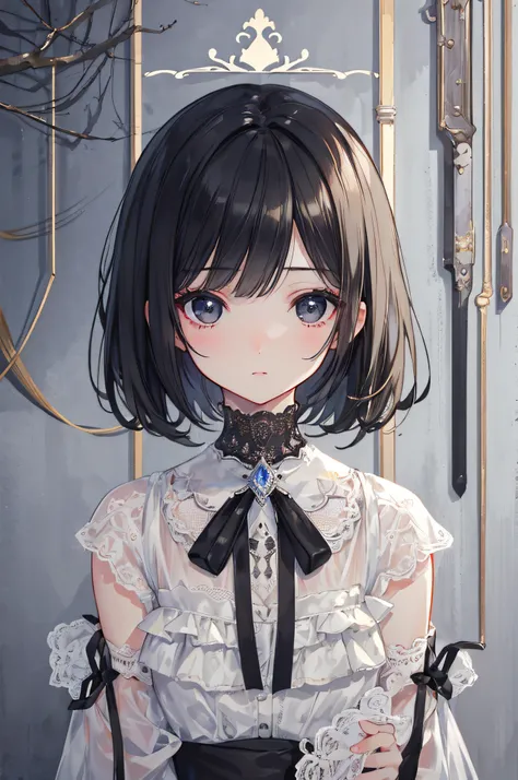 {Masterpiece},{Best quality},{1girll}, Cute, Amazing, Beautiful detailed eyes, Black eyes, Short hair, Black hair,finedetail,Depth of field,Extremely detailed CG,Original, extremelydetailedwallpaper,Upper body, view the viewer