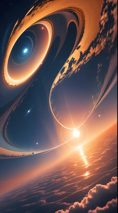 Arafed view of a planet with a spiral-shaped disk in the sky, planetas colidindo, Dois planetas colidindo, planetas flutuantes, planet with rings, Sunset on the distant planet of the machine, paisagem do planeta, Planets in orbit, mundo fractal, planets in...