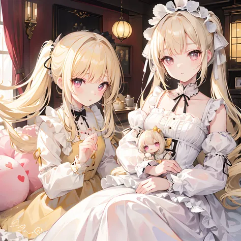 Light yellow hair，Only a ponytail is tied，The face is tender and cute like a doll，Lolita clothes with pale yellow and white，Pale pink pupils，She is a sweet girl with a very soft and cute voice，It is called Yaojin Fawn