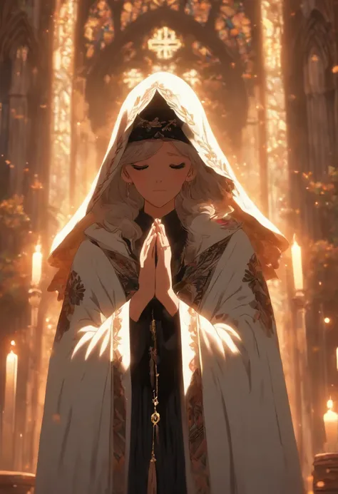 Old woman, (((white cloak, black embroidery))), wide waist, ((pale face)), Church, brunette, (((blindfold))), ((praying)), wearing cross necklace