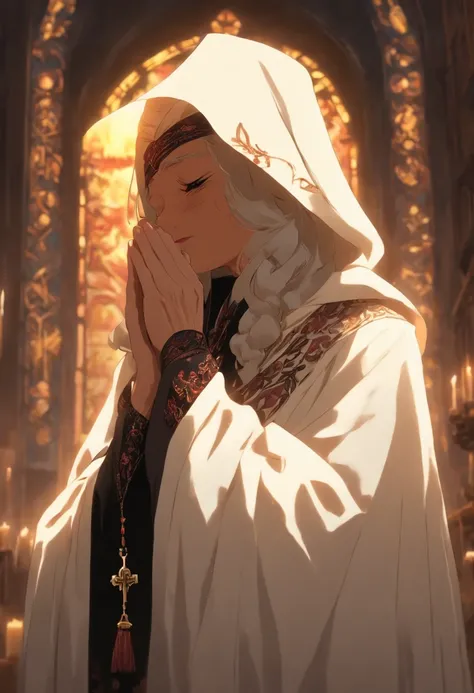 Old woman, (((white cloak, black embroidery))), wide waist, ((pale face)), Church, brunette, (((blindfold))), ((praying)), wearing cross necklace