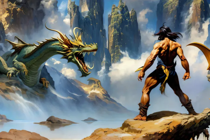 Image of a man and a dragon standing on a rock in Aalfed, Frank Fraser Tower 8K, kyuyong eom and boris vallejo, Mark Brooks Frank Frasertta, Fraser Tower and Vallejo, Frank Frazetta Duacken, boris vallejo style, frank frazetta manga style, Frank Frazetta s...