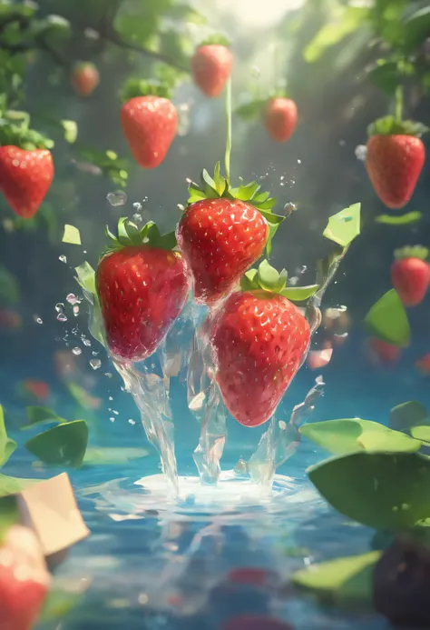 cinematic RAW photo，foto ultra real，Ultra foto Realsisim，Digital SLR，soft lighting，Product photo of 5 strawberries falling into the water、Drippy、Splash clear liquid、water bloom，dynamic compositions，(master part) (best quality) (circunstanciado) (Cinematic ...