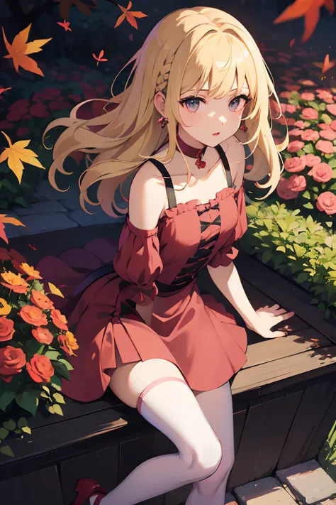 1 girl, solo, masterpiece, Autumn falls background, garden, light dress, cutshoulder,black eyes, blonde haired, open hairstyle,fancy round earings, off red lips,dark pink sandels, pink stockings