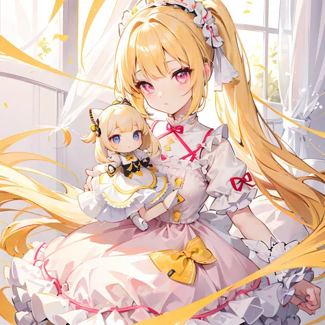 Light yellow hair，Only a ponytail is tied，The face is tender and cute like a doll，Lolita clothes with pale yellow and white，Pale pink pupils，She is a sweet girl with a very soft and cute voice，It is called Yaojin Fawn