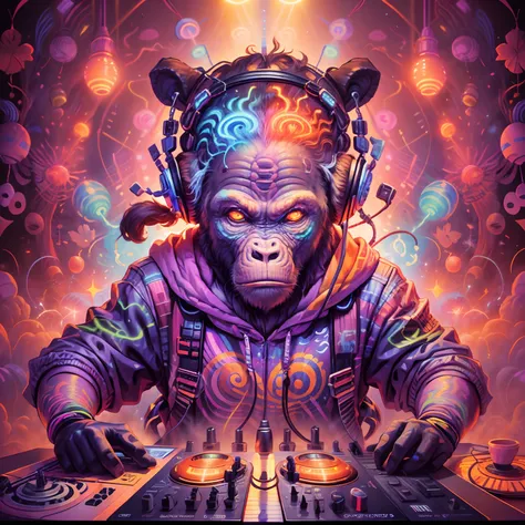 A neopunk DJ chimpanzee unleashes an electrifying and psychedelic performance, captivating the audience with mind-bending beats. The vibrant colors and pulsating rhythms create a hypnotic atmosphere,