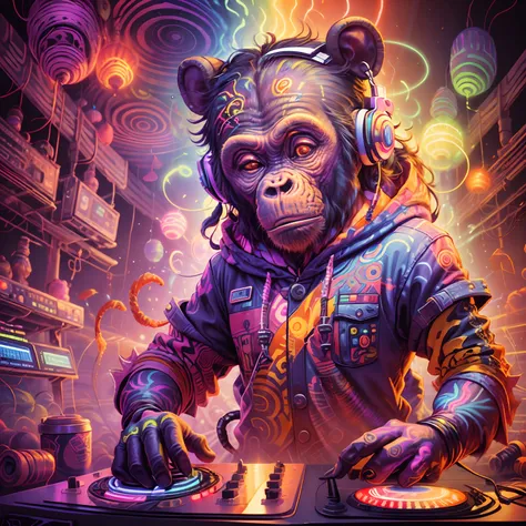 A neopunk DJ chimpanzee unleashes an electrifying and psychedelic performance, captivating the audience with mind-bending beats. The vibrant colors and pulsating rhythms create a hypnotic atmosphere,