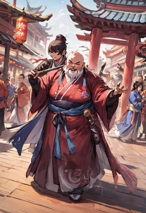 Handsome swordsman，Hanfu，Drinking with a fat Taoist priest on the boardwalk