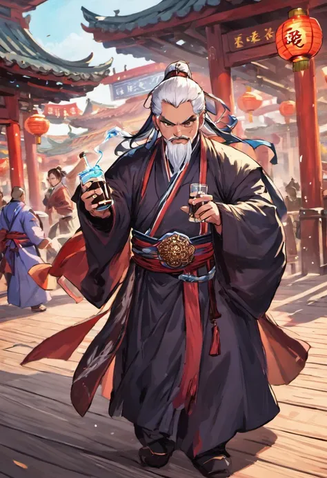 Handsome swordsman，Hanfu，Drinking with a fat Taoist priest on the boardwalk