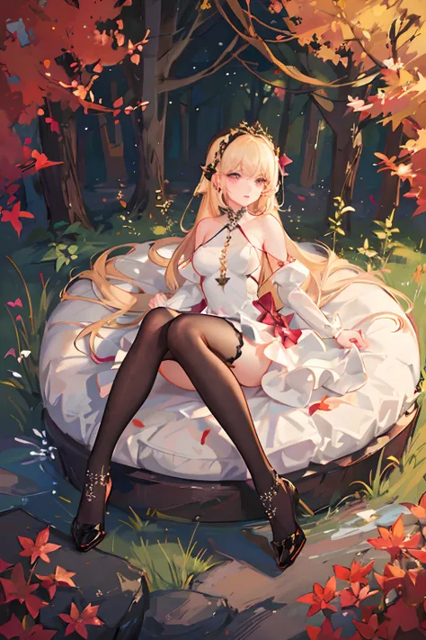 1 girl, solo, masterpiece, Autumn falls background, garden, light dress, cutshoulder,black eyes, blonde haired, open hairstyle,fancy round earings, off red lips,dark pink sandels, pink stockings