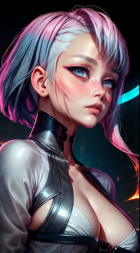 ((hyper realism)), fisheye photo, lucy (cyberpunk), 1girl, (((side view))) perfect model face, oval face, sharp chin, sharp small nose, glossy nose tip, glossy blush cheeks, (((emberressed blushing face expression))), ((eye bags)), bangs, cleavage, blue ha...