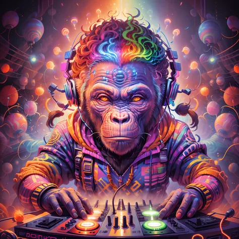 A neopunk DJ chimpanzee unleashes an electrifying and psychedelic performance, captivating the audience with mind-bending beats. The vibrant colors and pulsating rhythms create a hypnotic atmosphere,