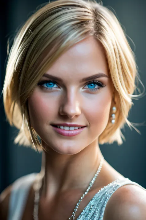 Slender, young, short blonde hair, blue eyes, great smile, in office, natural skin texture, 24mm, 4K textures, soft cinematic light, RAW photography, photorealistic, photorealistic, complex, elegant, highly detailed, sharp focus, (((cinematic look))), calm...