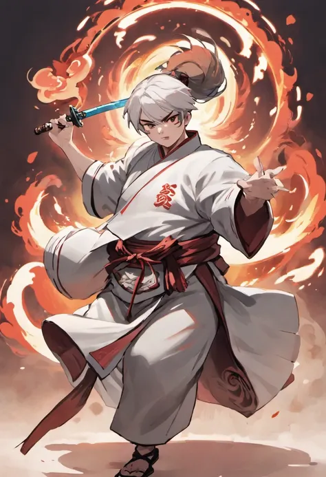 Handsome swordsman，Manteau blanc，Folding fan Hanfu，and a young fat Taoist，Humble and cute