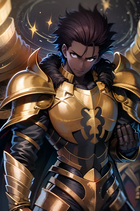 Homem, pele negra, olhos brancos, cabelos negros, Paladino dourado, Armadura Dourada Angelical, armadura de ouro claro, Fate Stay Night, armadura dourada, sorriso arrogante, cabelos espetados estilo gilgamesh, god