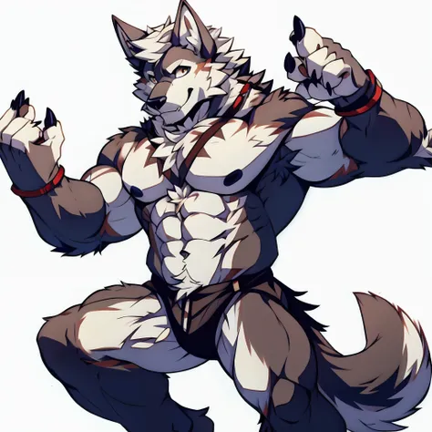 Human-wolf，musculature，Hairy all over，clawed paws，erect through