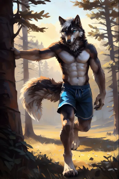 ((Solo)), male people, anthro wolf, (Multi-colored fur, White-brown:1.3), ((Wolf face, White hair, Big eyes, White eyelids, Blue pupil, Slim:1.2) (Tough, Calm expression:1.2)), Abs, Slim, pinging)), (Correct anatomy), (Work shorts:1.1), (Contour bone:1.2),...