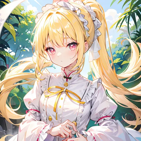 Light yellow hair，Only a ponytail is tied，The face is tender and cute like a doll，Lolita clothes with pale yellow and white，Pale pink pupils，She is a sweet girl with a very soft and cute voice，It is called Yaojin Fawn