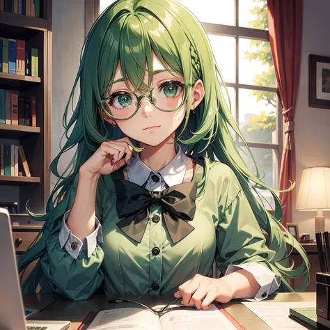 a girl, cute, green hair, nerd, wear round glasses