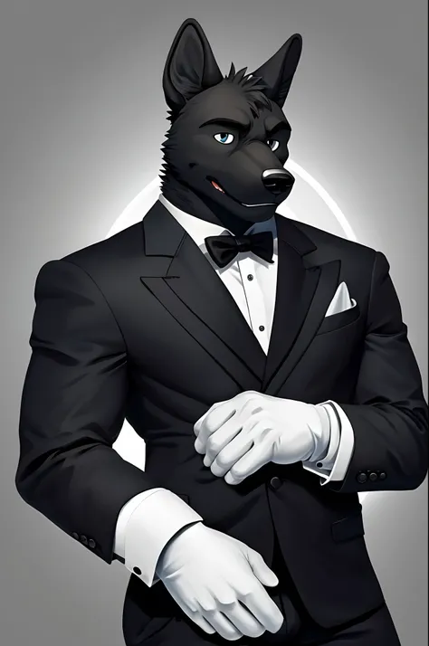 masterpiece, best quality, highres, 1male, solo, black dog man, furry, black business suit,  expressionless, agent, white formal gloves,