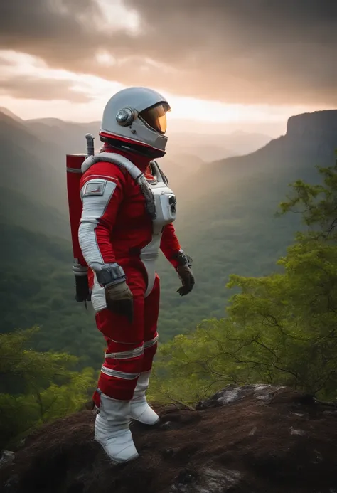 (35mmstyle:1.2), Highly detailed RAW color Photo, rear angle, full bodyesbian, af (Female space marine, Wearing a white and red spacesuit, futuristic helmet, Tin plated mask, Rebreathers, accentuated booty), Outdoors, (Stand on the cliffs of the tall Rocky...