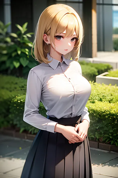 1 girl, solo, masterpiece, sunlight,polo shirt, pleated skirt,outside, large breasts,black eyes, blonde haired, open hairstyle, fancy round earings,fancy shirt, designer shirt.