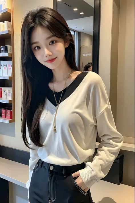 ​masterpiece、top-quality)、1 beutiful girl、Slim body、((Black and white plain clothes:1.1))、(Detailed beautiful eyes)、Walk around the store、((Boyish Brown Medium Hair))、((Smaller face))、((Neutral face))、((Face seen from the side))、((Light brown eyes))、((Kore...