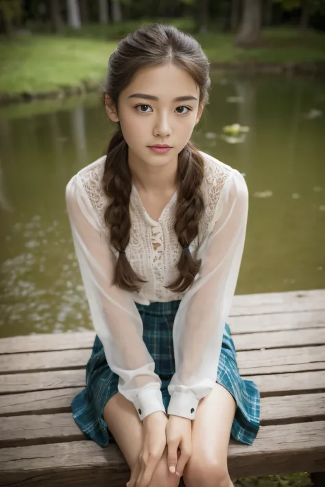 (((​masterpiece))), top-quality, Extremely detailed, Detailed background, 
birds eye view, 18mm wide lens, long shot, A bench by a quiet lake in the forest, sitting, Very beautiful girl, japanese, 12 yo,  Detailed face, (Full body:1.3), (random hairstyles ...