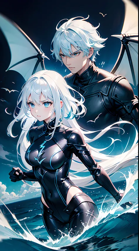 Dragon and girl batlle, sea background, (girl a dark knight, white hair, lightning blue element.) ,( drago, blue sea dragon, have four wings dragon, ) epic efect visual, ultra HD, Quality Colour so perfect.