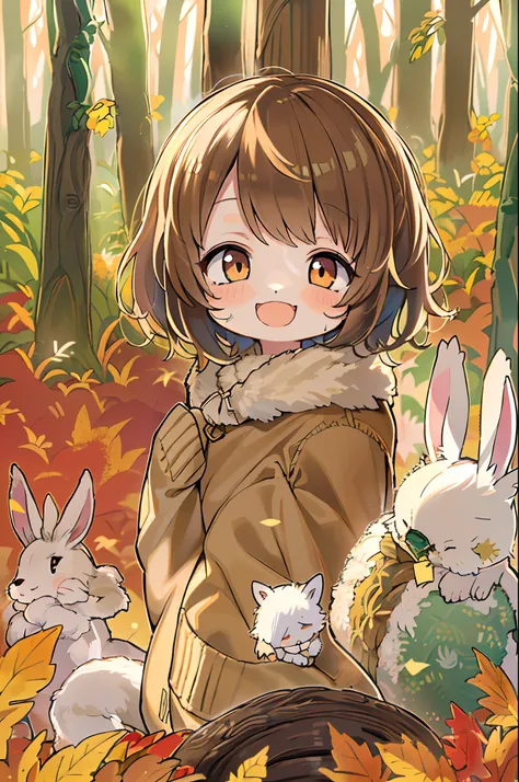 Beautiful Girl, (((((Small)))), face showing,, Short hair, brown, 8K, Professional Photography, Delicate, Clear, In the autumn forest, Sun, light  leaks, masutepiece, (Beautiful)))), Chibi, Smile, Fantastic, Rabbit ears, 年轻