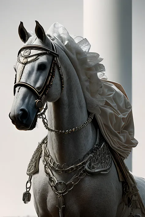 45 years old, masculino,  Dressed in a white robe and hood, Portrait of a warrior in chain mail on a white horse holding The highest detail, en el contexto de un bosque, perfect composition, beautiful detailed intricate insanely detailed octane render tren...