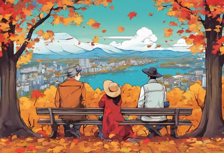 Canada、Colored leaves、Maples、A hill、Maple tree、leaves falling、1man and 1girl, 1adult stylish man and 1high school girl, Resting under a large maple tree、Autumn landscape、Autumn scene、Man is sitting on the grass field under a huge maple tree and reading the...