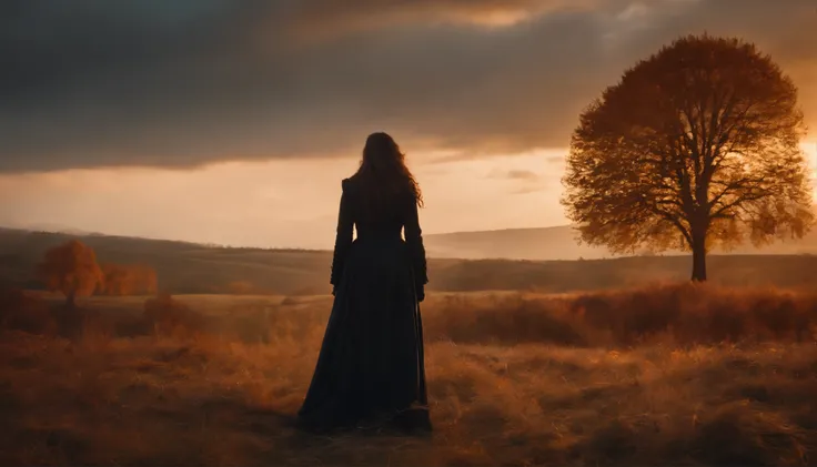 Autumns warm embrace envelopes the countryside as nature unveils a masterpiece, a sinister witch, a spectral figure clad in tattered garments, to life amid an eerie autumn landscape, monstrous pet, towering behind her like an abyss, exudes malevolence