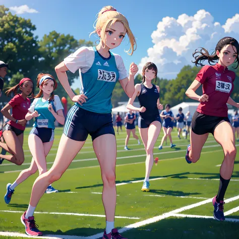 Games，running track，Athletics competitions，Several girls running，Beautuful Women，sporty attire，sweat leggs