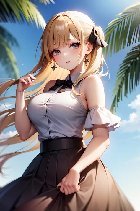 1 girl, solo, masterpiece, sunlight,baby pink half shoulder shirt, pleated skirt,outside, large breasts,black eyes, blonde haired, open hairstyle, fancy round earings,fancy shirt, designer shirt.