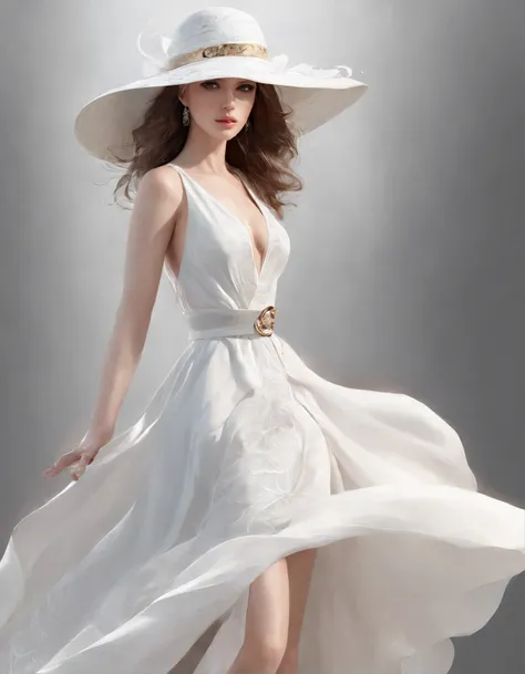 There was a woman wearing a white hat and a white dress., Elegant digital painting, Spectacular digital painting, Guviz-style artwork, Wind jerky painting, Beautiful digital painting, Digital drawing style, Beautiful digital painting, In Bowaters art style...