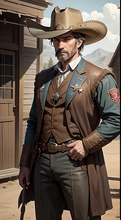 Wild West, old west origin of the sheriffs badge, showing a shire reeve from medieval England sheriffs badge, old west, Wild West vintage color. Classic western houses and horses in background. Super Realistic.