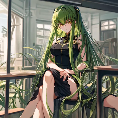 masterpiece, best quality, Cute, expressionless, cool,insanely detailed eyes, ultra-detailed, finely detail, long hair, looking at viewer, beautiful background, ultra-detailed, highres,beautiful detailed eyes code geass,, c.c., green hair, golden eyes, med...