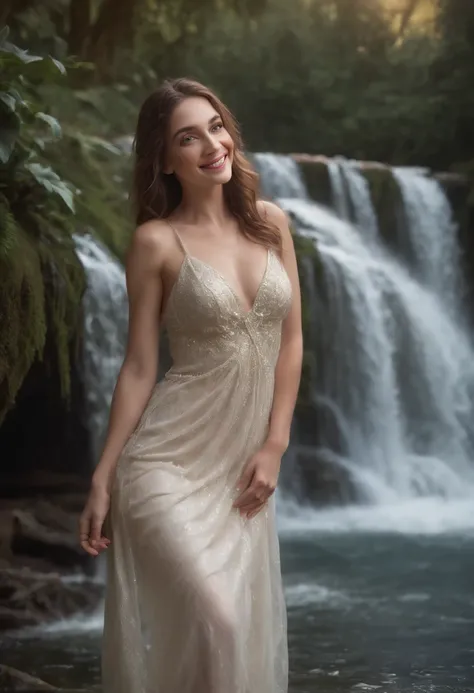 (((Figura completa))) corpo inteiro no quadro, (((magical lighting action shot))) (((Beautiful light smile seductive sexy Pale Goddess woman standing in the water by an edge of waterfalls high camera angle))), intrincado verde renda futuro fantasia vestido...