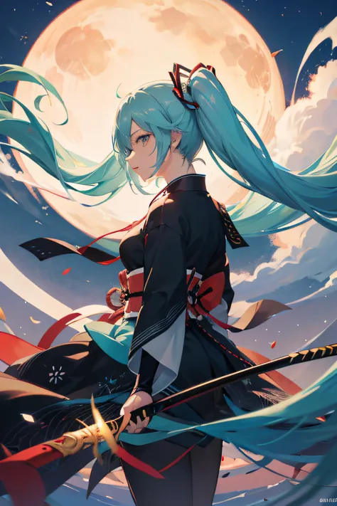 Hatsune miku, Japan, Samurai, Badass, night core, quimono, Featured Hand, olhos exaltados, espada, Notable movements, HighBeds Pose, anime, garota