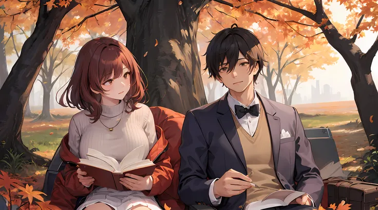 Canada、Colored leaves、Maples、A hill、Maple tree、leaves falling、1man and 1girl, 1adult stylish man and 1high school girl, Resting under a large maple tree、Autumn landscape、Autumn scene、Man is sitting on the grass field under a huge maple tree and reading the...