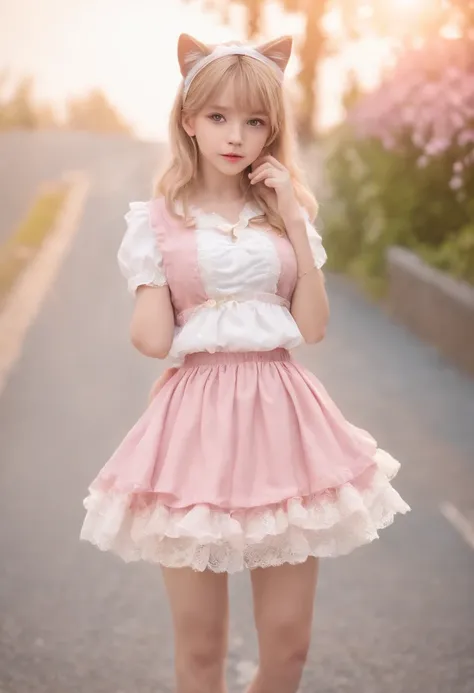 excellent detail, 8k photo, Hyper-Realism, professional light, Realistic backgrounds, Image depth, Bokeh Background, Wide Angle Lens, Full body, (13 years old, kawaii, loli, flat chest, cat ear), 1girls, Colored eyes, Blonde Hair, (Lolita Fashion: 1.5), (l...