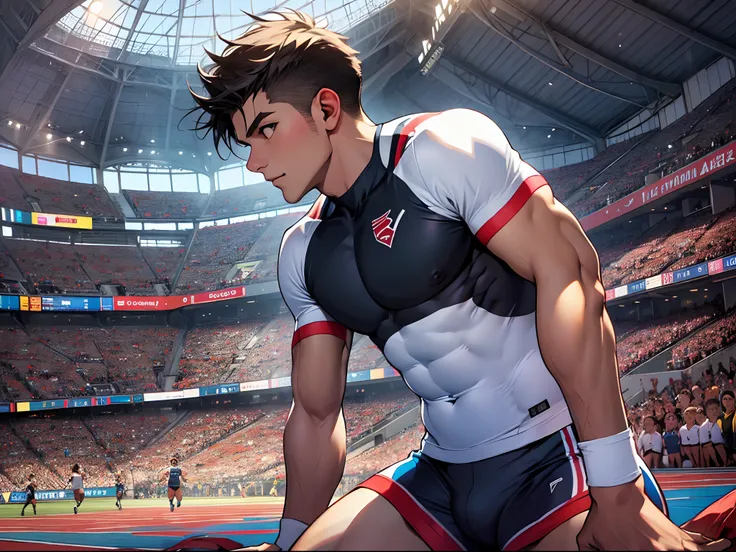 1boys，athlete，sport，detailedbackground，stadio，peeping at the viewer，cheer