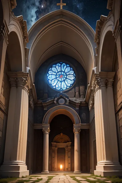 Church of Ephesus depicted in Revelation, depois de cristo, medieval, in the nighttime, vista para o exterior, fachada, starly sky, altamente detalhado, liso, foco nítido, 8k, high-definition resolution, Perfect centralization, vista frontal, portas aberta...