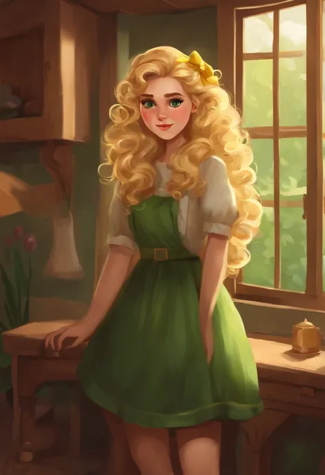 a blond girl with curly hair with a yellow hair bow on it, green eyes, wearing a green dress, with a brown shoes female style, living alone in a small house with a wood in your background