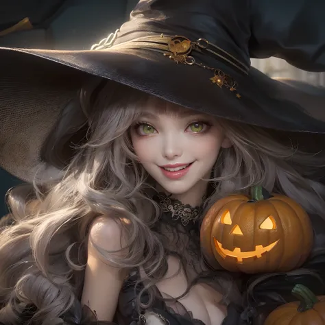 Witch big Hat、close-up of the smile face、close-up of the smile face、Halloween Designer、Halloween Supermodel、makeup、Glossy lips、Shining eyes、(realisitic、hight resolution)、(1 woman in)、Do-Up Eye、Korean Girl、(Best Quality), (masutepiece), (1woman in), Solo, a...