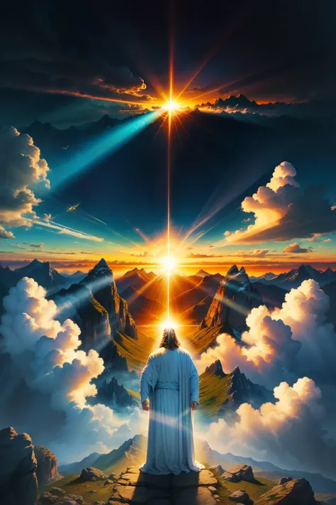 Ezekiel in his vision prophecy Jesus Christ beautiful clouds bright high mountains rays of sun,Realistic 8k