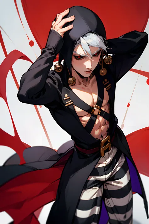 Risotto Nero, Black overcoat, striped pants, black hat, white hair, red eyes, black sclera, chest straps, 1boy, male focus, solo, cowboy shot