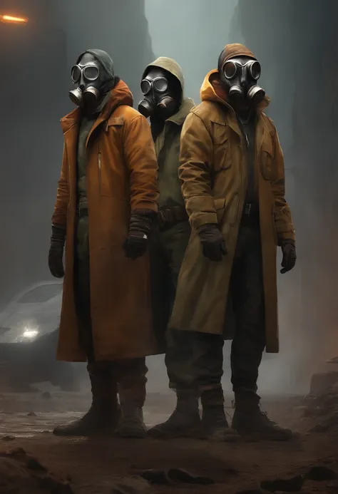 Three men wearing gas masks and earth-colored jackets stand side by side, post apocalyptic style, Cyberpunk costumes, 8k character concept art, 8 k character concept art, Amazing 8K character concept art, Character design concept art, concept art style, po...